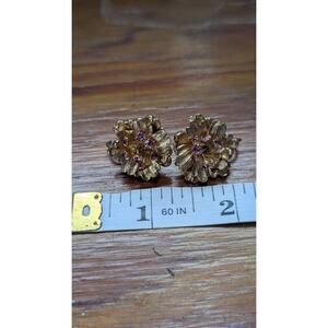 Vintage Signed Marvella Gold Tone Flower Cluster Purple Rhinestone Clip Earrings